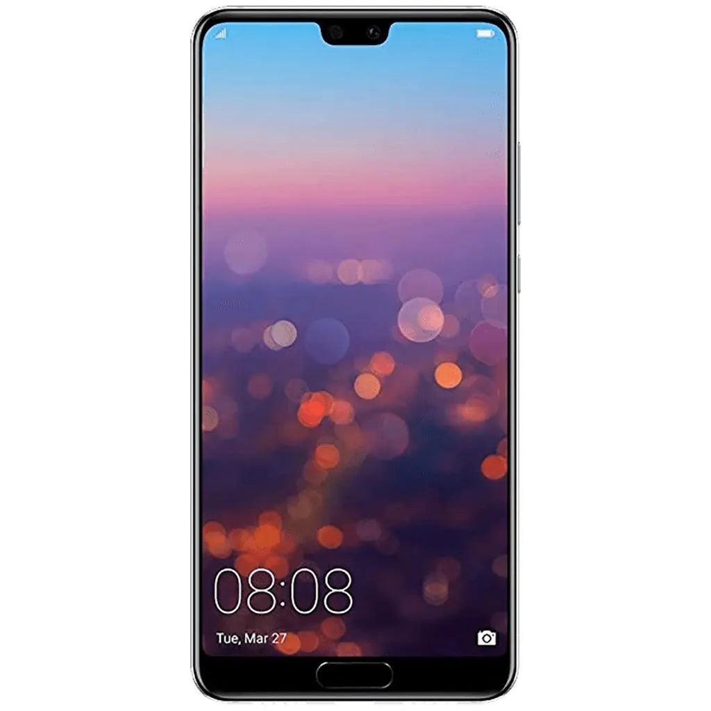 Huawei P20 smartphone front view with colorful bokeh background and date display.