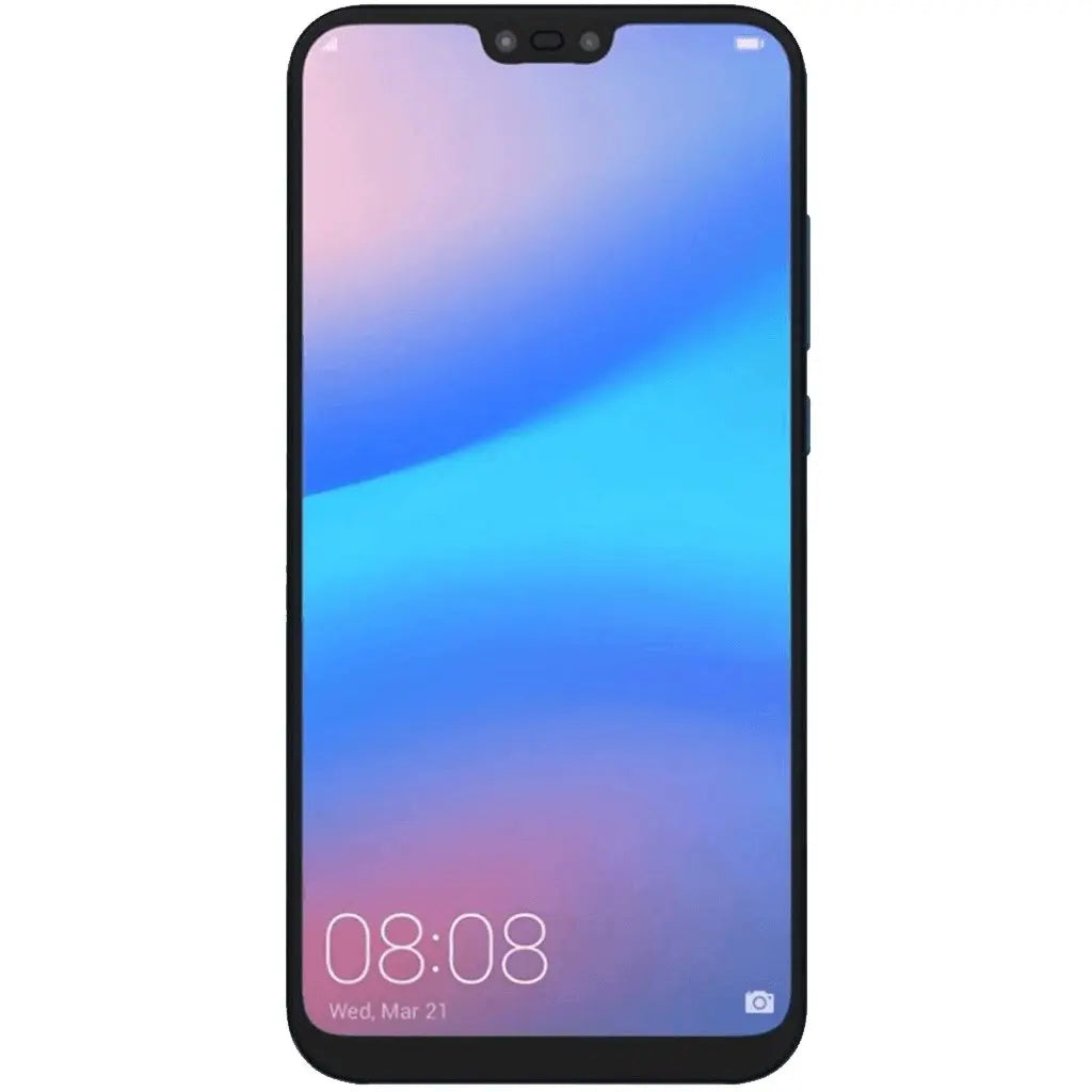 Front view of the Huawei P20 Lite smartphone showcasing its vibrant display and sleek design.