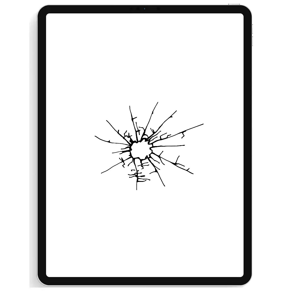 Cracked iPad screen with a spider web pattern indicating damage needing repair.