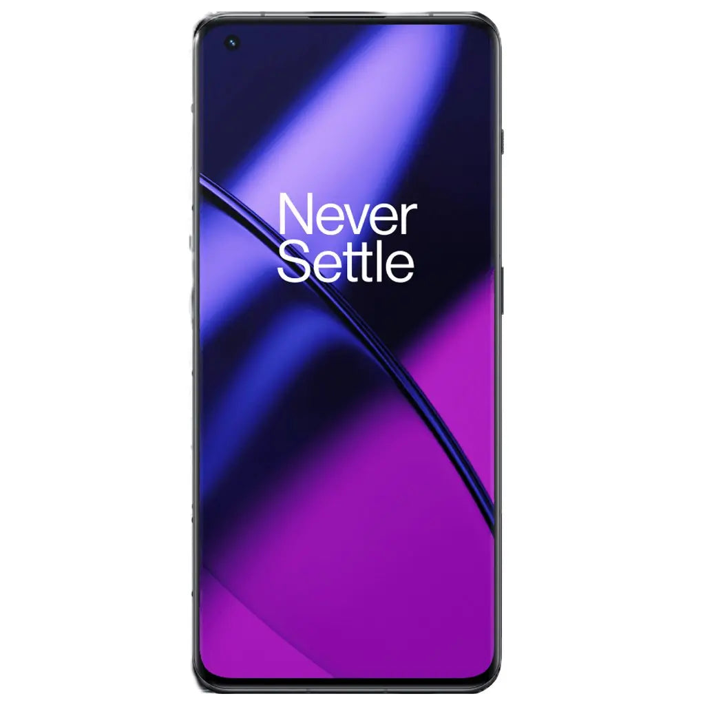 OnePlus 11 smartphone front view with vibrant purple background and 'Never Settle' slogan.