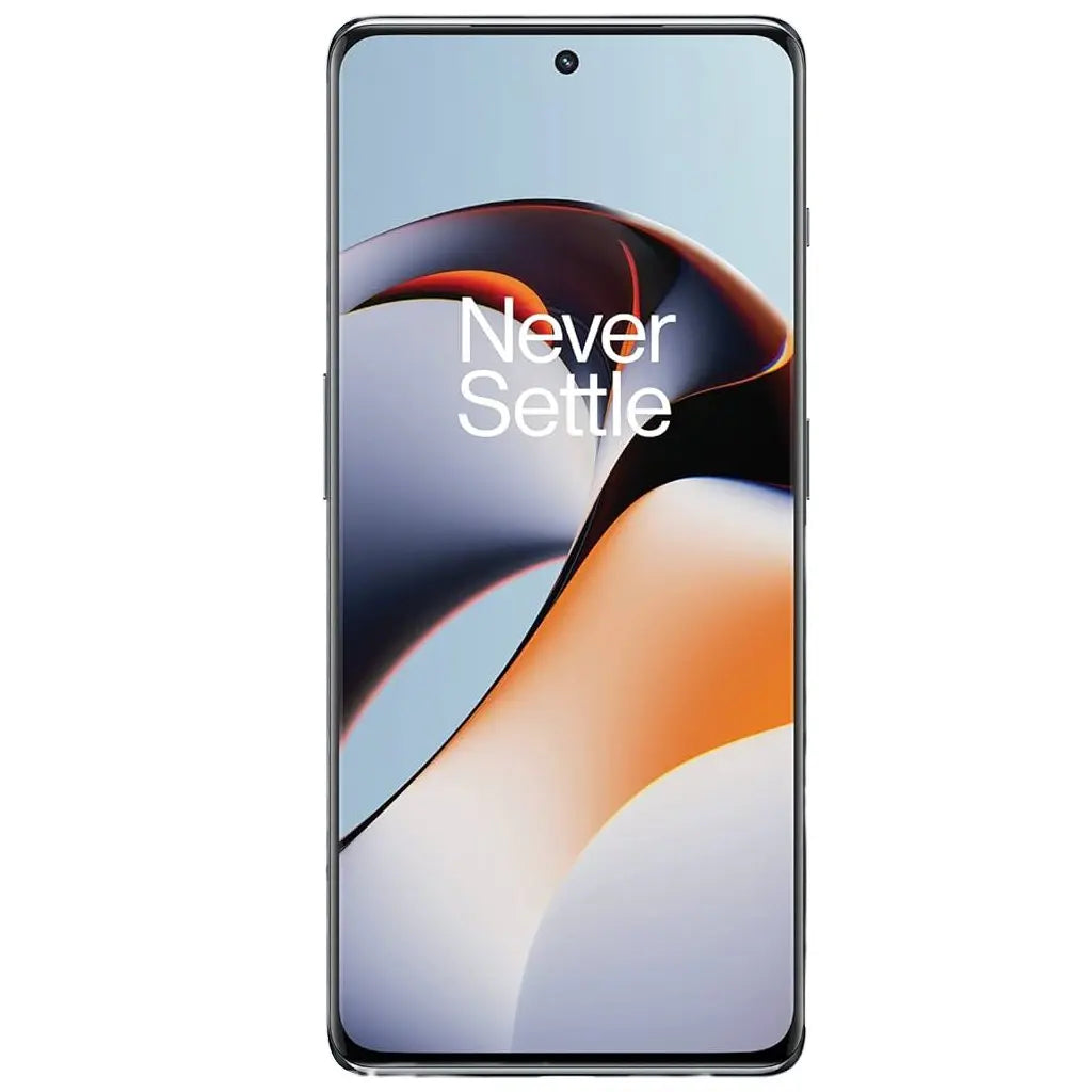 OnePlus 11R smartphone with display showing 'Never Settle' tagline, sleek design and modern interface.