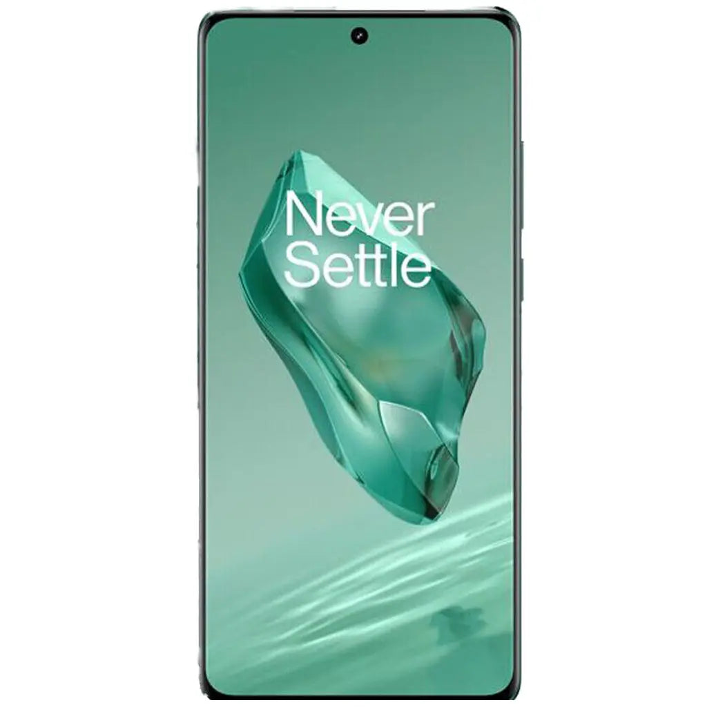 OnePlus 12 smartphone displaying 'Never Settle' slogan on a mint green background, showcasing its sleek design.
