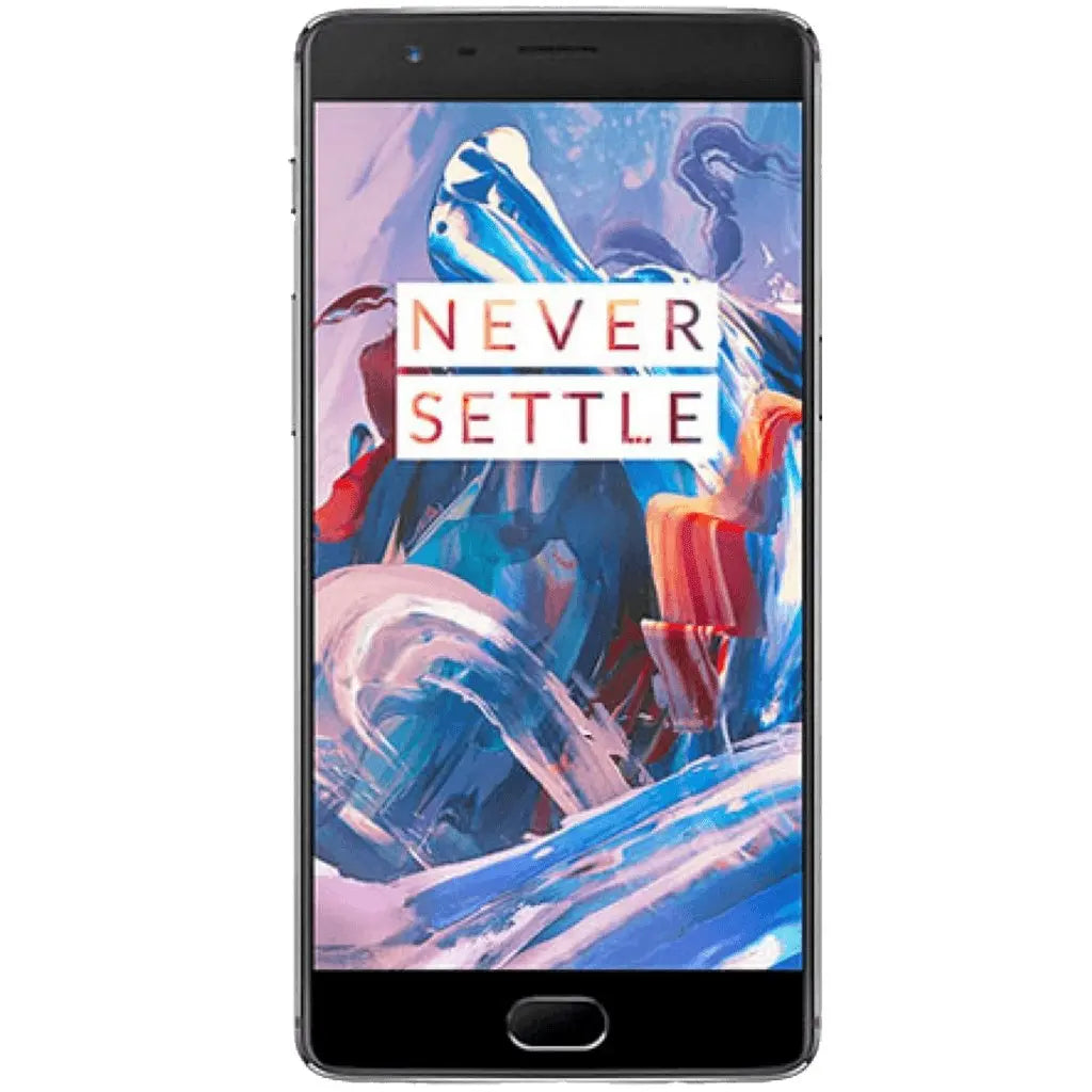 OnePlus 3T smartphone display showing 'Never Settle' with abstract art background, ideal for OnePlus 3T repairs in Dublin.