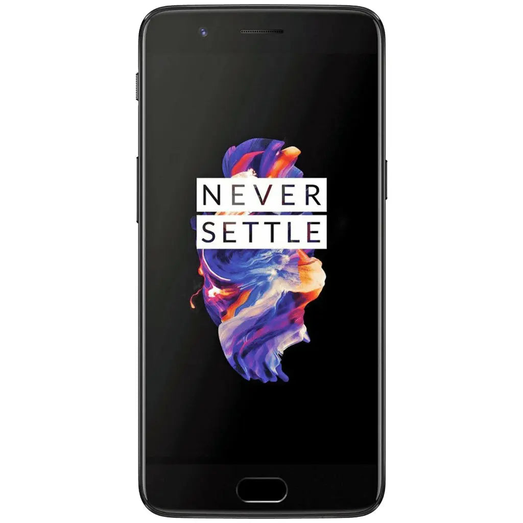OnePlus 5 smartphone with 'Never Settle' theme displayed on screen, ideal for OnePlus 5 repairs in Dublin.