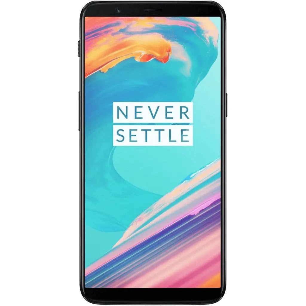 OnePlus 5T smartphone with vibrant display and 'Never Settle' slogan, perfect for repairs in Dublin.