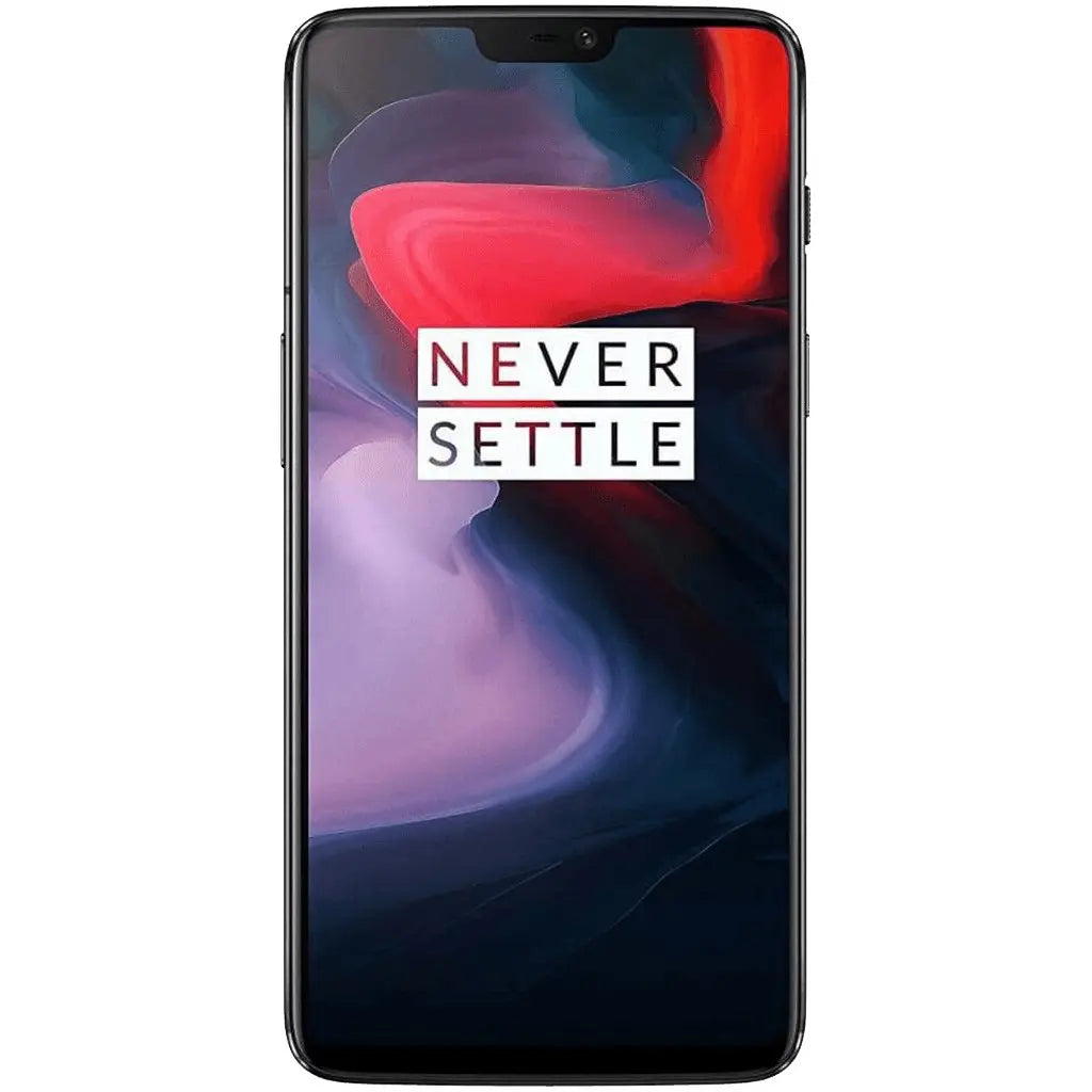 OnePlus 6 smartphone display with 'Never Settle' wallpaper, available for repair services in Dublin City Centre.