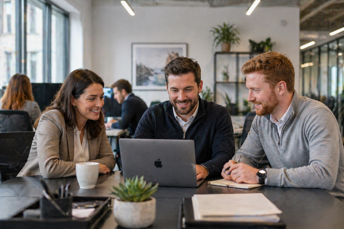 Business team reviewing work on a laptop in a modern office