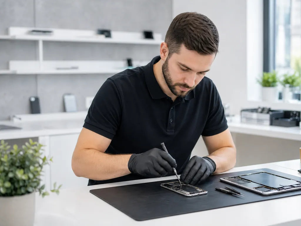 ExpressTech technician repairing a device at the Dublin workshop